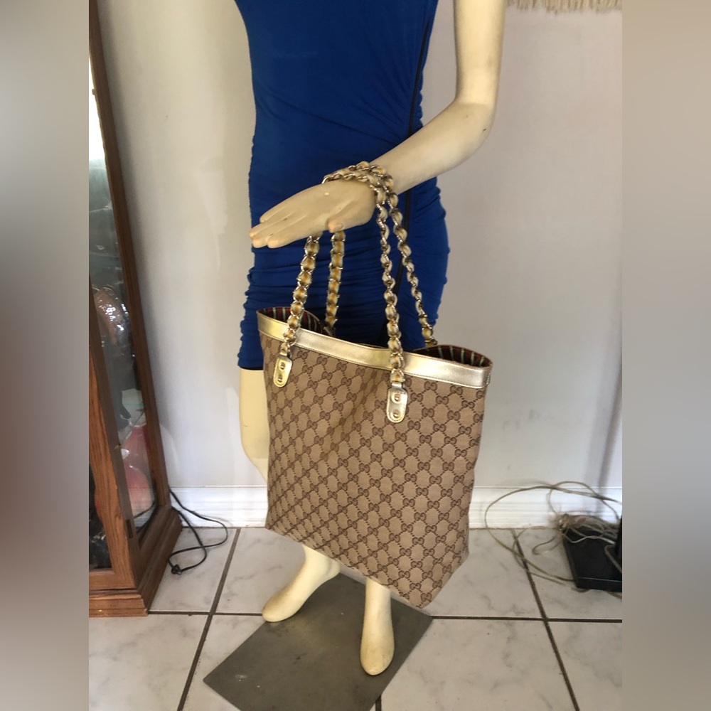 Gucci Monogram Ribbon Chain Strap Handbag Tote